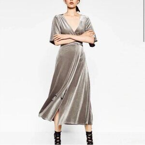 Zara Trafaluc grey velvet wrap dress M